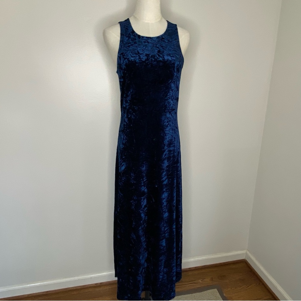 Navy blue velour maxi dress with scoop neckline